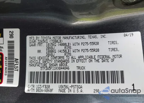 2019 Toyota Tundra Sr5 5.7L V8 from USA, damaged, VIN 5TFDW5F11KX844846